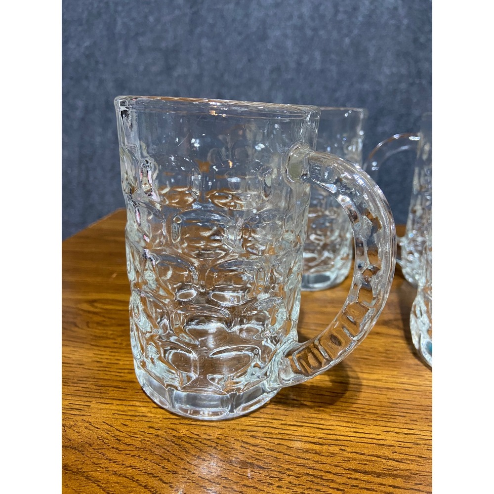 Set of 4 Vintage Dimpled Glass Beer Mugs Clear Heavy Duty Pub Style Steins 12oz